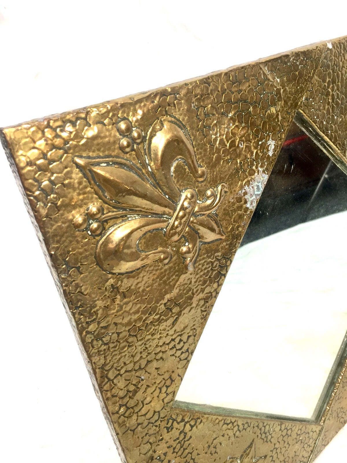 Antique Art Nouveau Hammered Brass Framed Wall Hanging Mirror Decoration C.1900 photo for sale