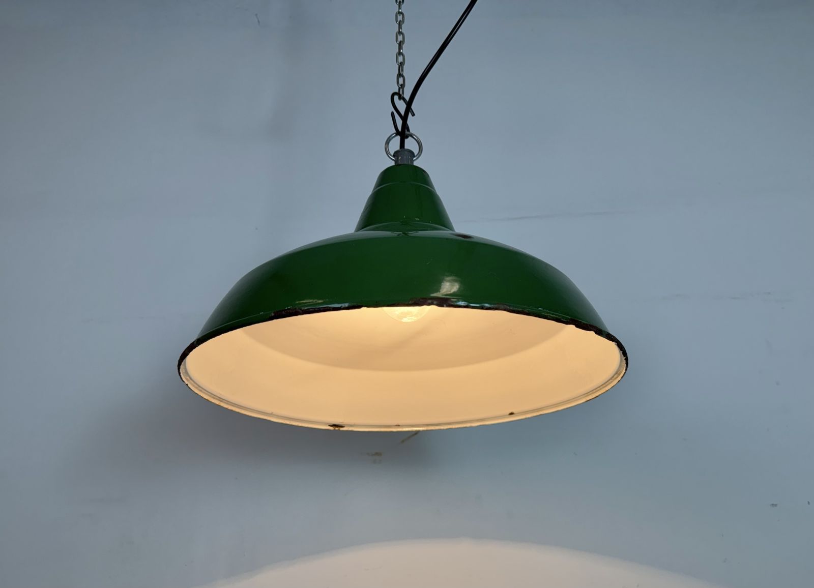 photo buy Industrial British Green Enamel Factory Pendant Lamp, 1960s