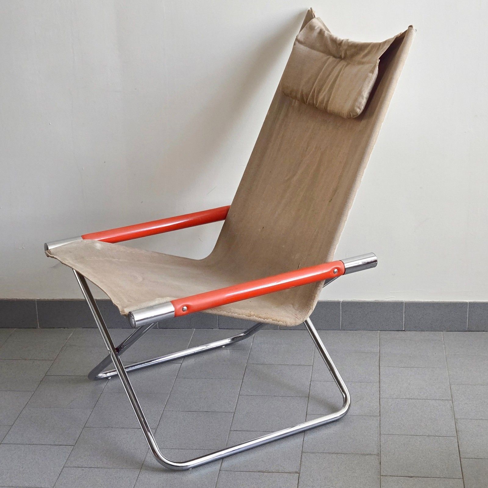 Vintage 1970 Japanese Folding Armchair Chrome & Orange Steel And Burlap 70s photo Furniture