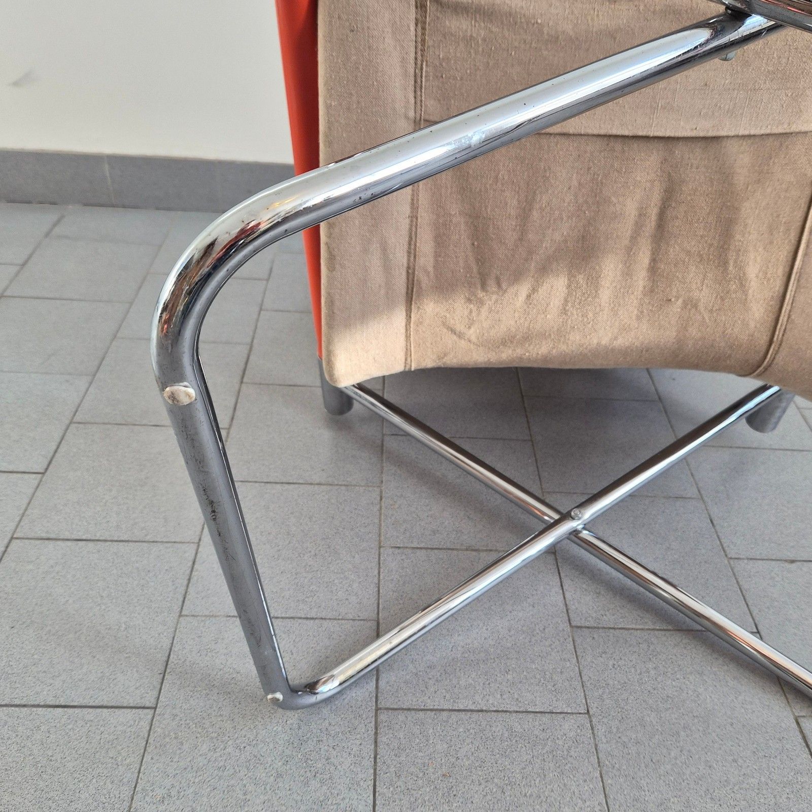 photo buy Vintage 1970 Japanese Folding Armchair Chrome & Orange Steel And Burlap 70s