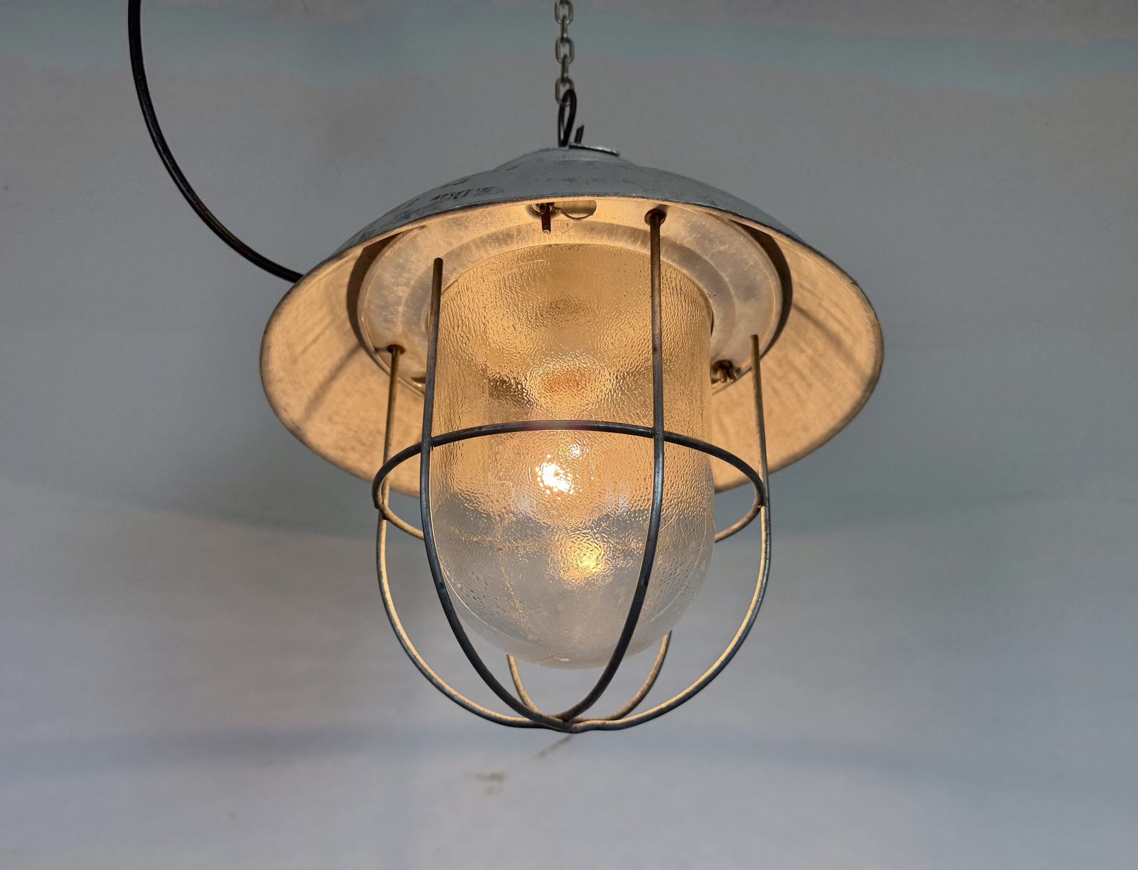 Grey Industrial Aluminium Cage Pendant Lamp With Frosted Glass, 1970s photo for sale