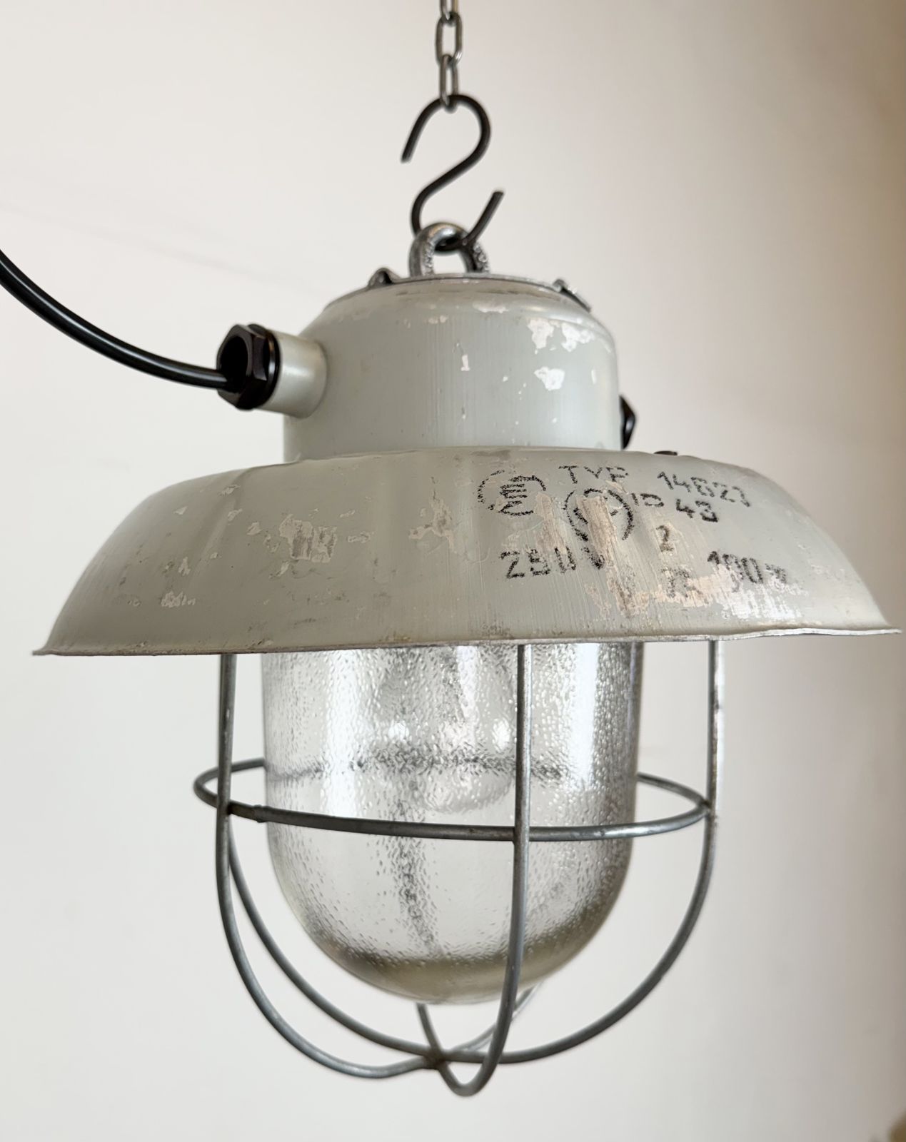 Grey Industrial Aluminium Cage Pendant Lamp With Frosted Glass, 1970s photo vintage