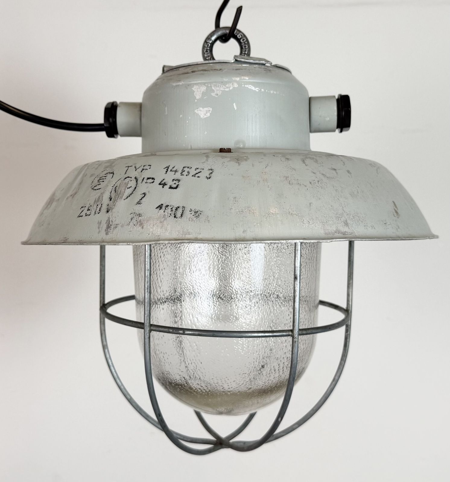photo vinterior Grey Industrial Aluminium Cage Pendant Lamp With Frosted Glass, 1970s