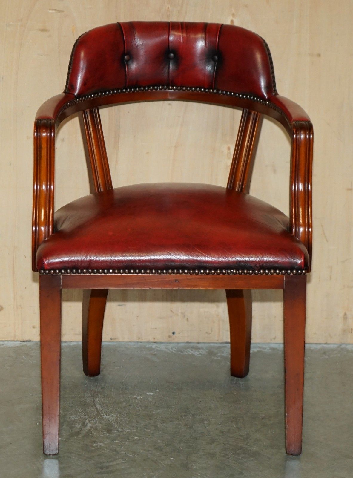 Pair Oxblood Bordeaux Leather Chesterfield Court Captains Chairs Part Of Suite photo Furniture