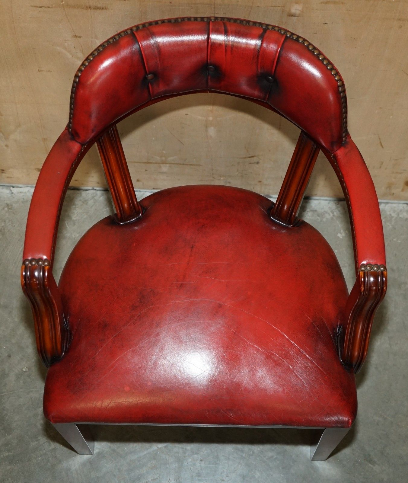 Pair Oxblood Bordeaux Leather Chesterfield Court Captains Chairs Part Of Suite photo vinterior