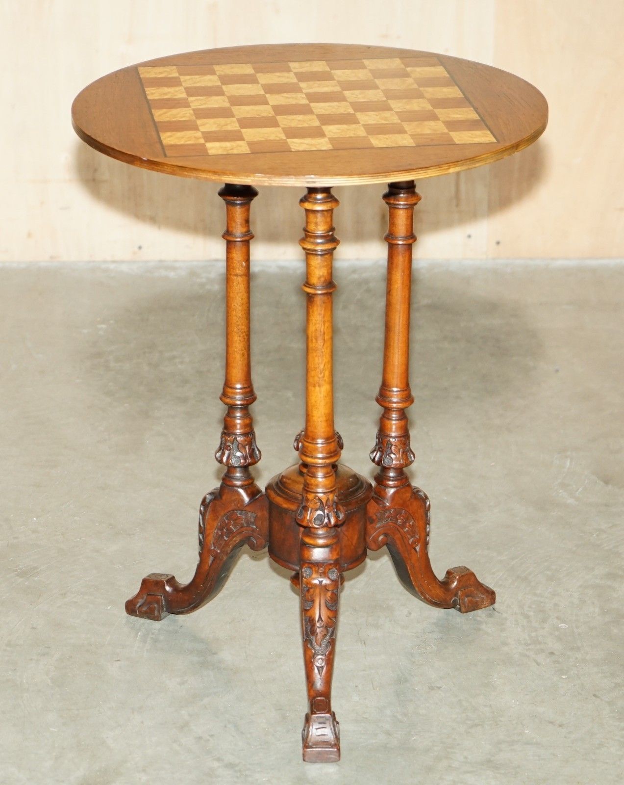 Antique Mahogany Satinwood & Walnut Chess Games Table With Lovely Turned Base photo furniture