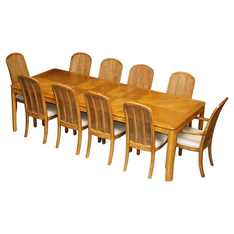 Vintage English Burr Oak & Teak Dining Table & Ten Bergere Dining Chairs Suite