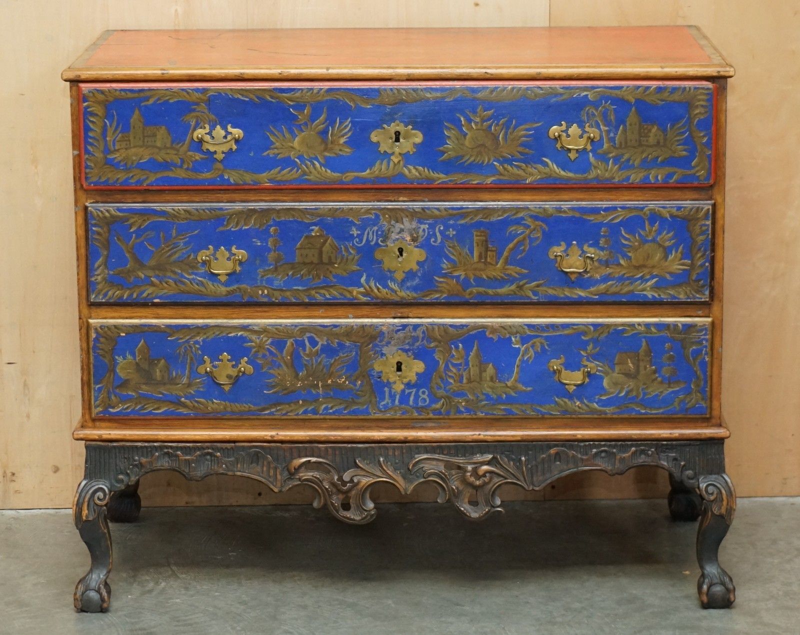 Stunning 1778 Dated Polychrome Painted Claw & Ball Campaign Chest Of Drawers photo furniture