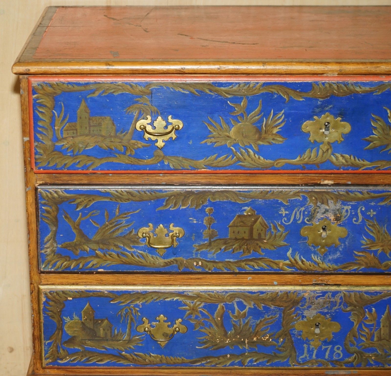 Stunning 1778 Dated Polychrome Painted Claw & Ball Campaign Chest Of Drawers photo for sale