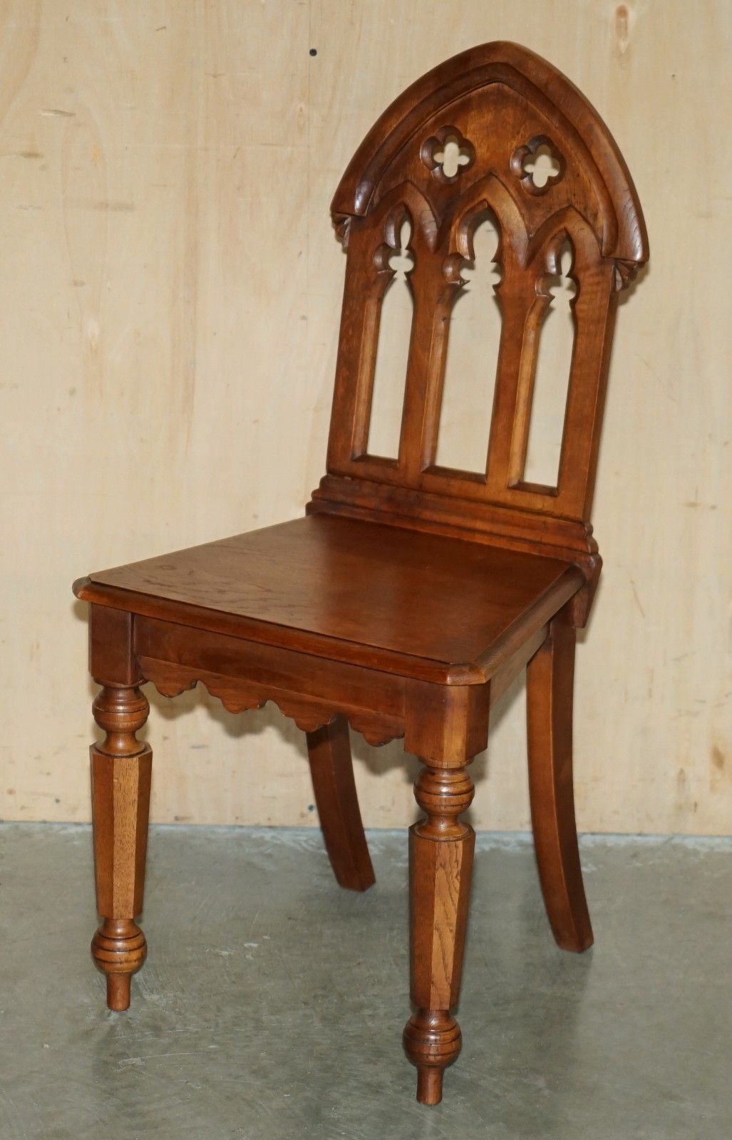 1950.0 Four Circa 1920 English Oak Hand Carved Gothic Revival Steeple Back Hall Chairs photo