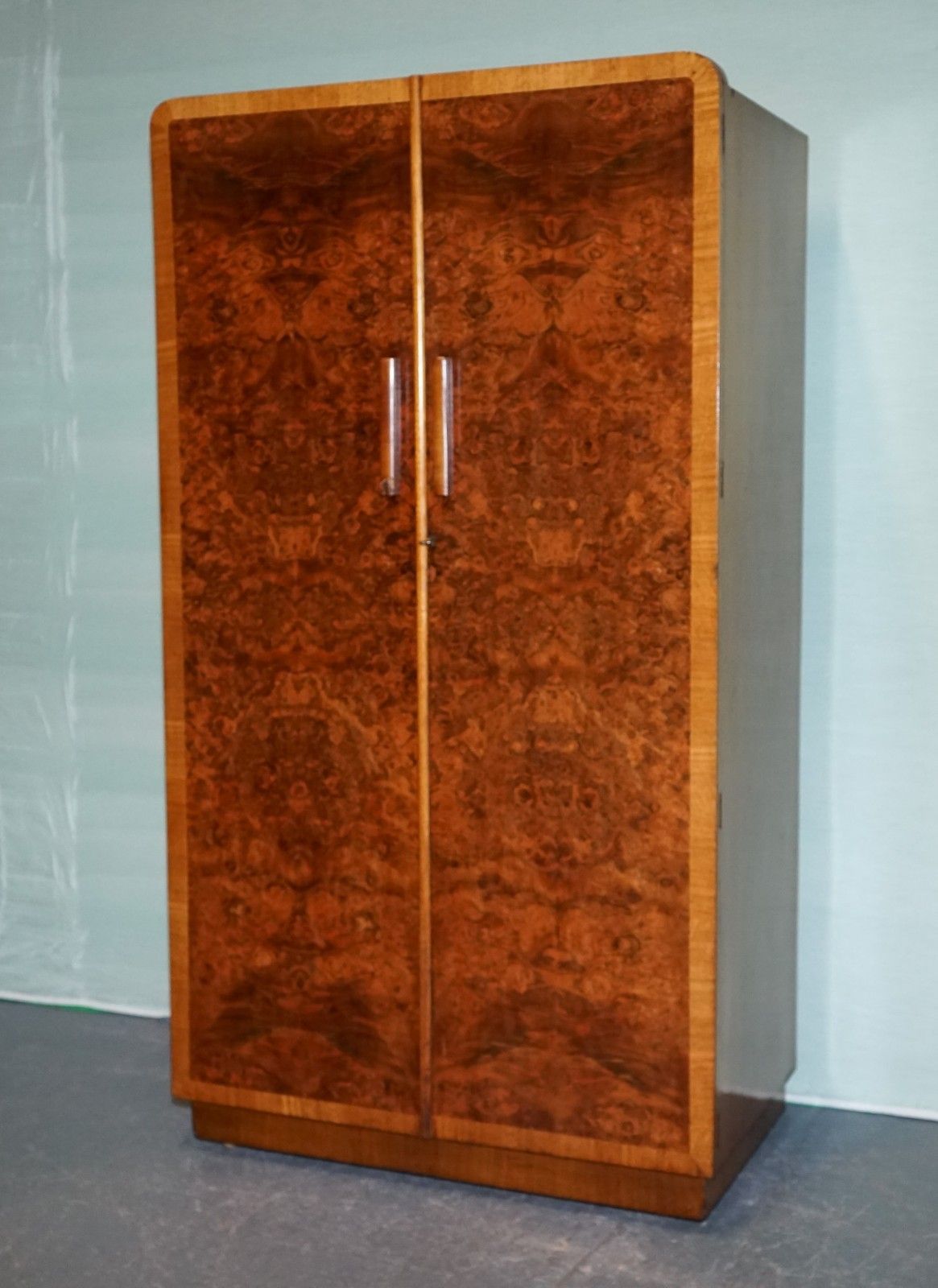 1930s Petite Vintage English Art Deco Burr Walnut Double Wardrobe Linen Press photo for sale