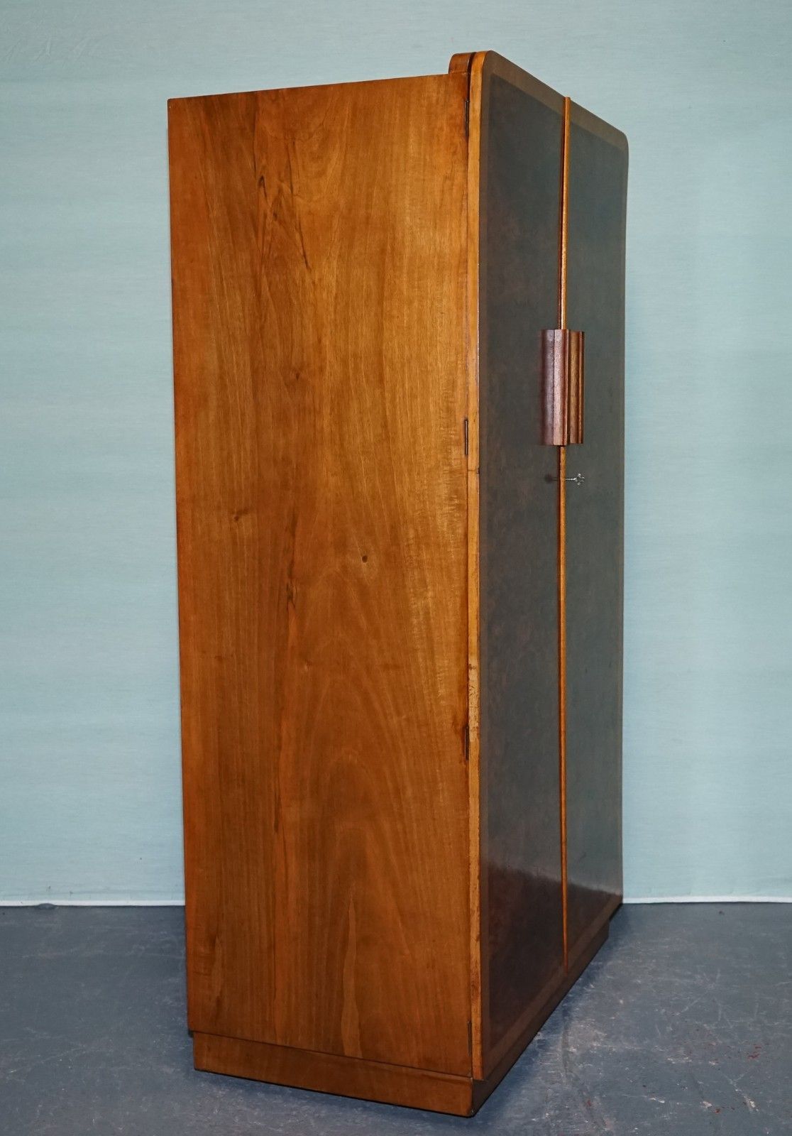 photo furniture 1930s Petite Vintage English Art Deco Burr Walnut Double Wardrobe Linen Press