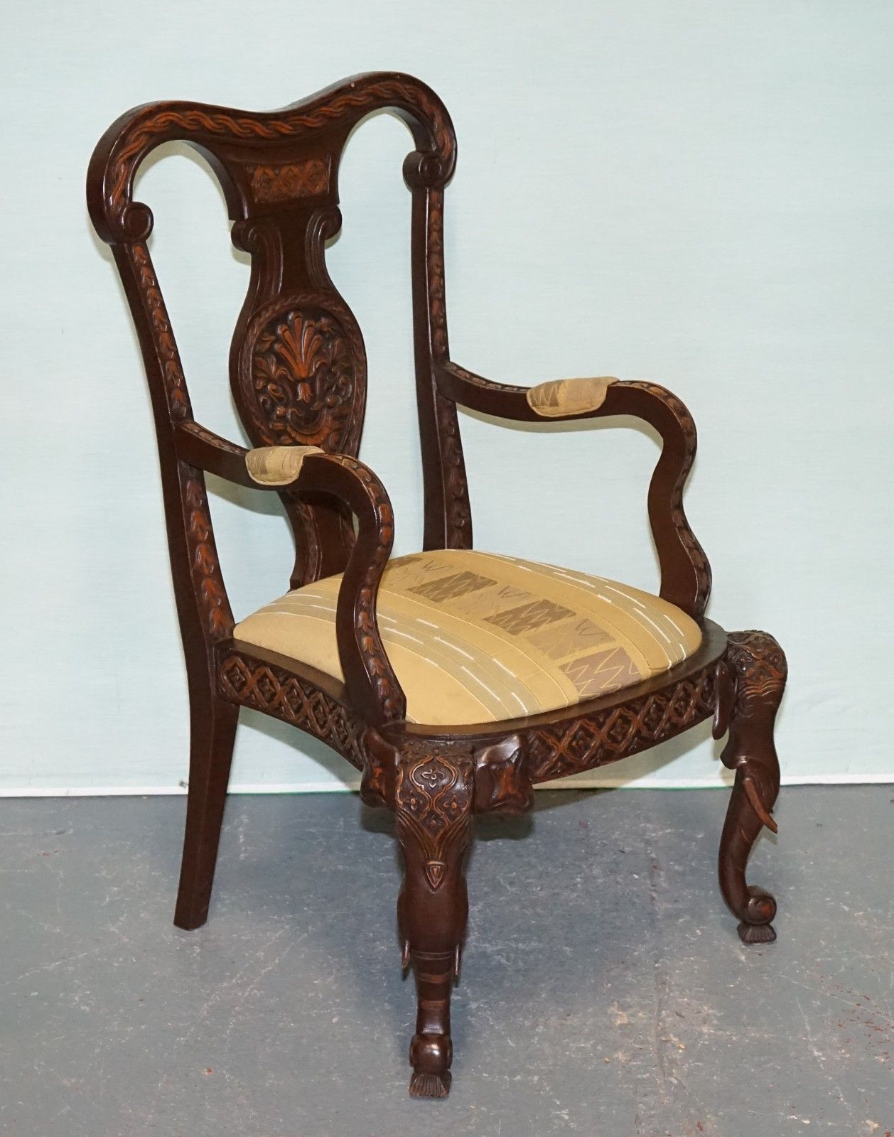 Anglo Indian Wooden Heavily Carved Elephant Detail Single Caver Armchair photo furniture
