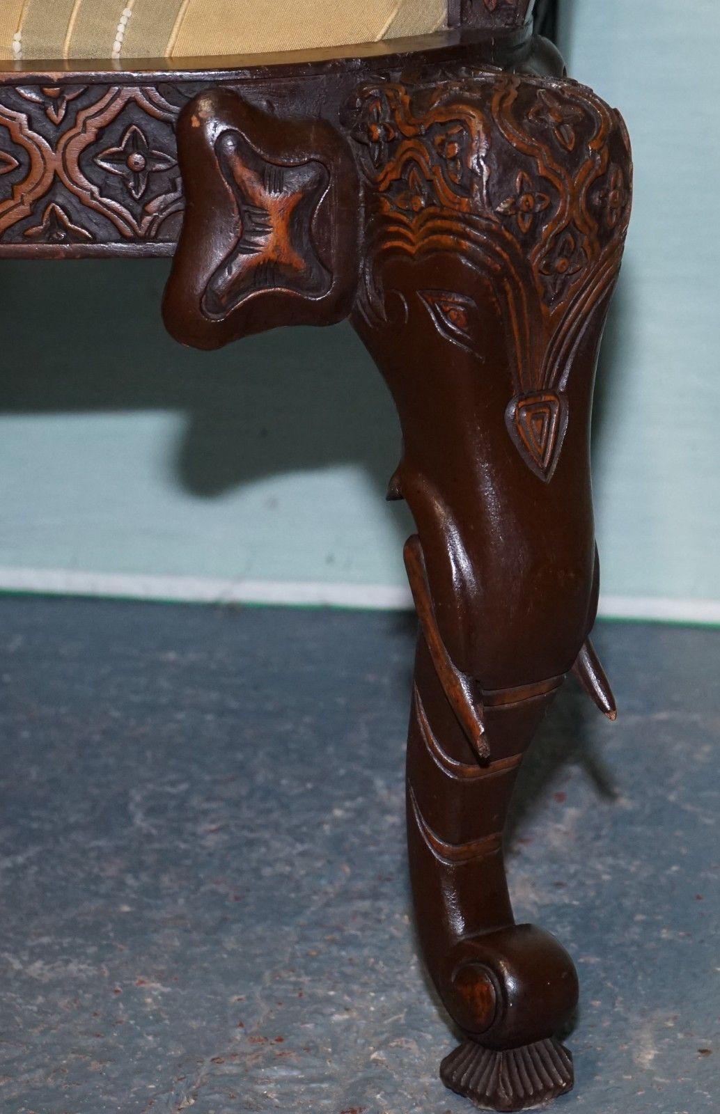 950.0 Anglo Indian Wooden Heavily Carved Elephant Detail Single Caver Armchair photo