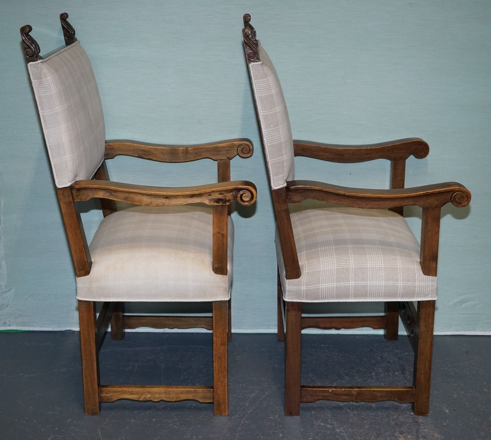photo buy Lovely Pair Of Victorian Newly Upholstered Carver Armchairs Carved Wood Detail