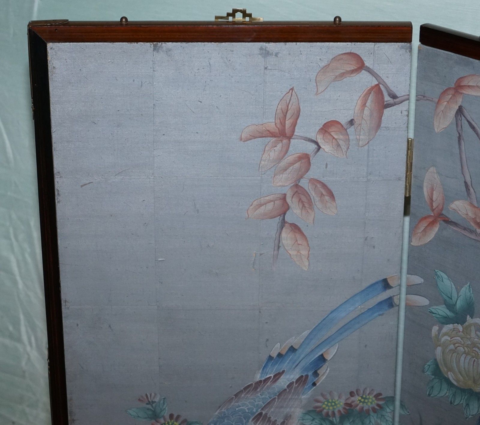 photo furniture Vintage Exotic Oriental Birds & Flowers Folding Four Panel Petite Room Divider