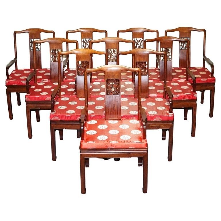 Set Of Ten Vintage Oriental Chinese Hardwood Carver Dining Armchairs W/ Cushions