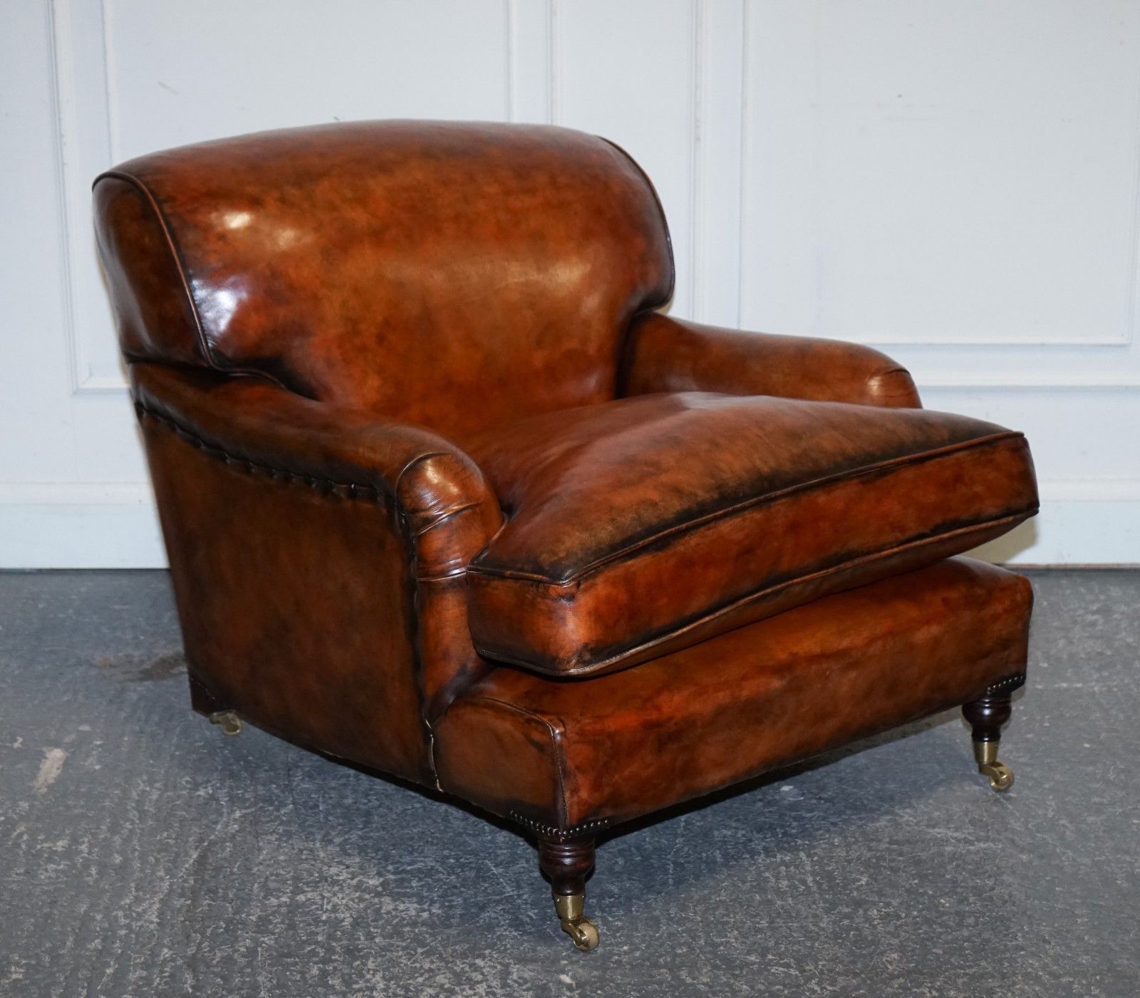 Large Pair Of Howard Style Hand Dyed Leather Armchairs Feather Filled Cushions photo for sale