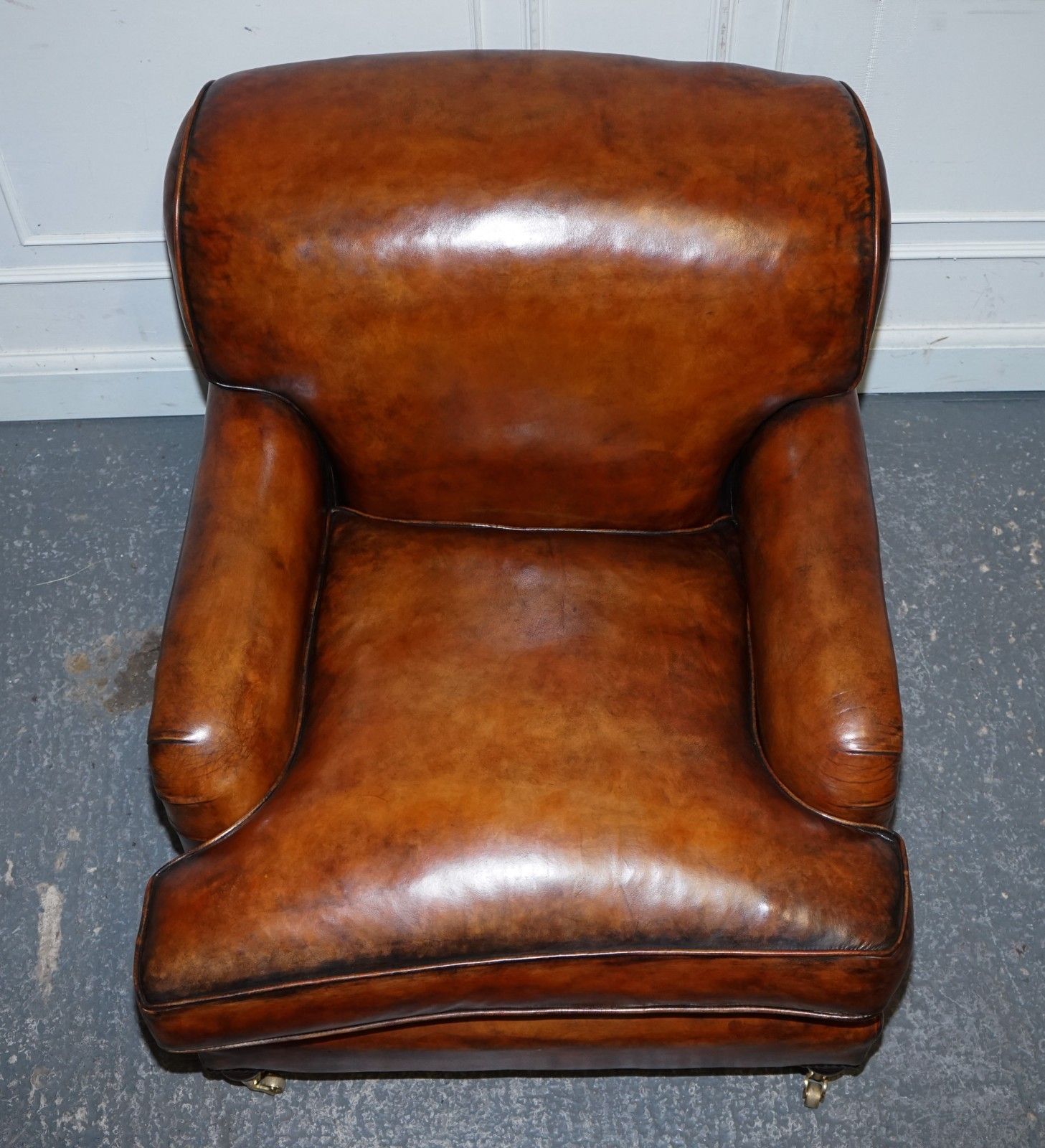 photo for sale Large Pair Of Howard Style Hand Dyed Leather Armchairs Feather Filled Cushions
