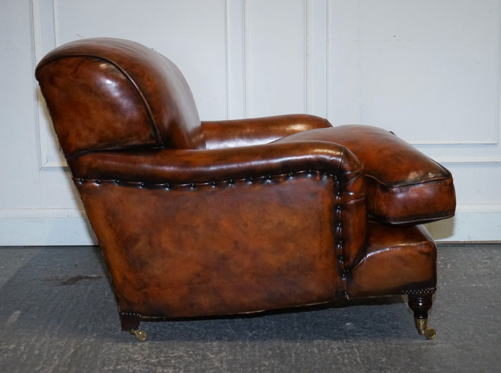 photo buy Large Pair Of Howard Style Hand Dyed Leather Armchairs Feather Filled Cushions