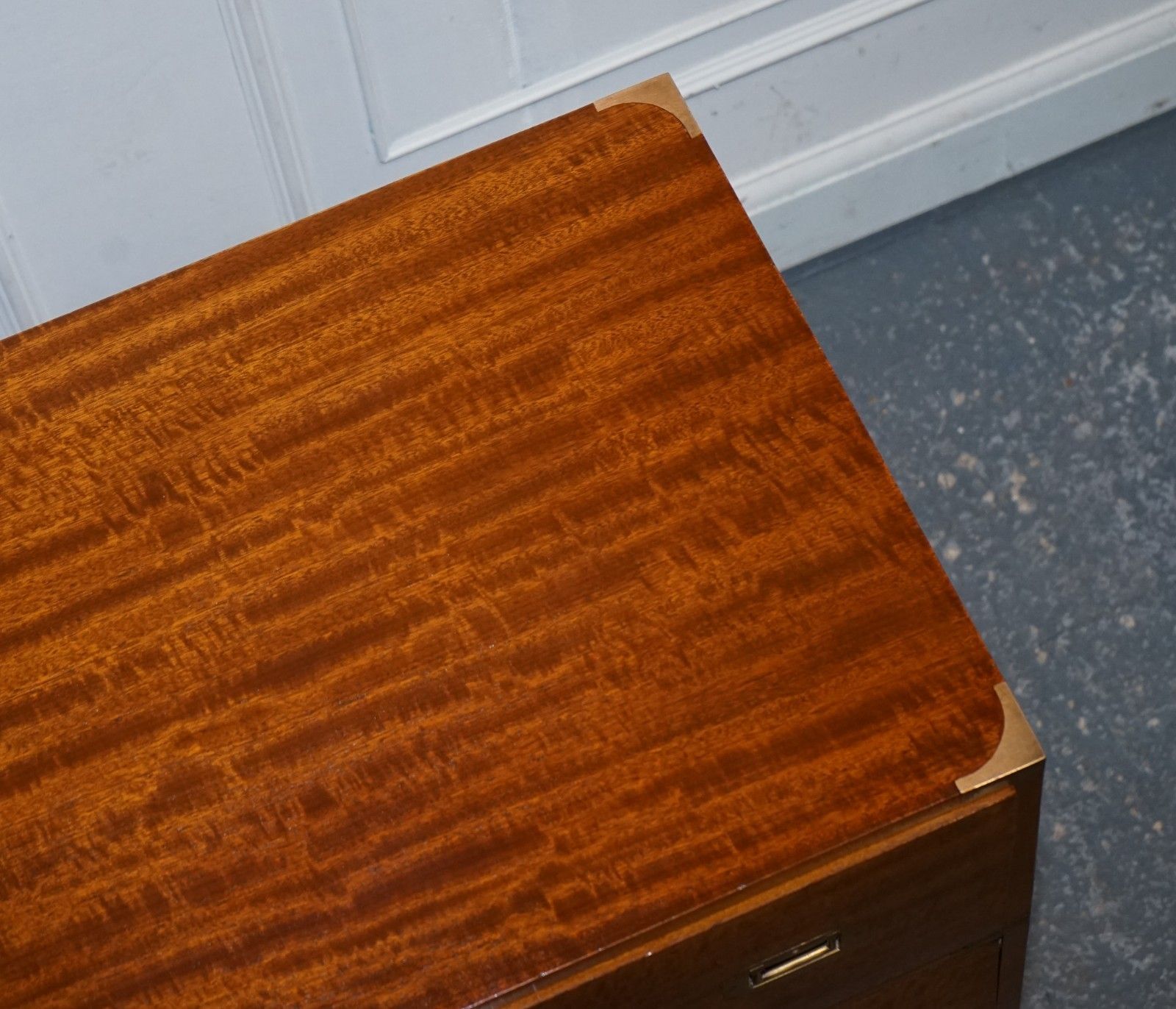 Furniture Vintage Military Campaign Secretaire Chest Of Drawers With Aged Red Leather photo