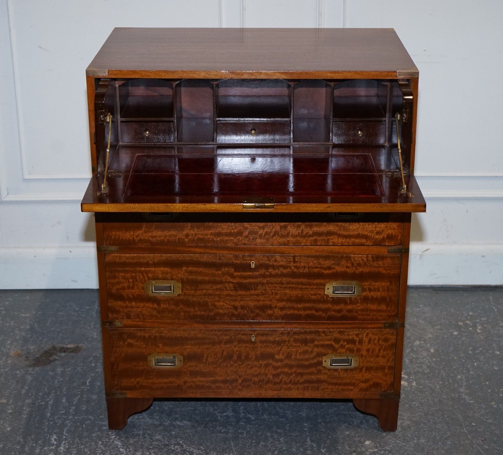 1350.0 Vintage Military Campaign Secretaire Chest Of Drawers With Aged Red Leather photo