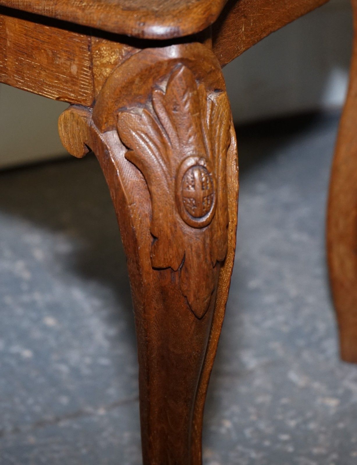 1350.0 Antique Pair Of Victorian Solid Oak Carved Hallway Chairs With Lion Paw Feet photo