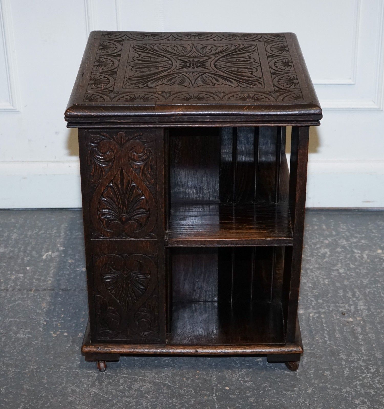 Antique Victorian English Solid Oak Carved Jacobean Revolving Open Bookcase photo for sale