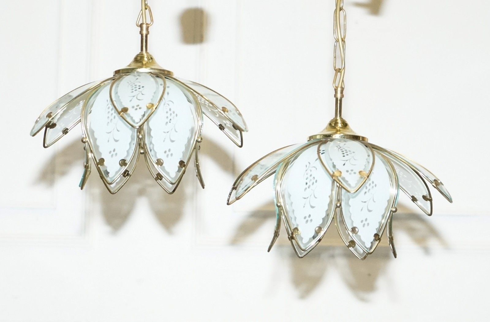 Pair Of Art Deco Style 1960's Flower Lotus Glass Ceiling Lamps photo furniture