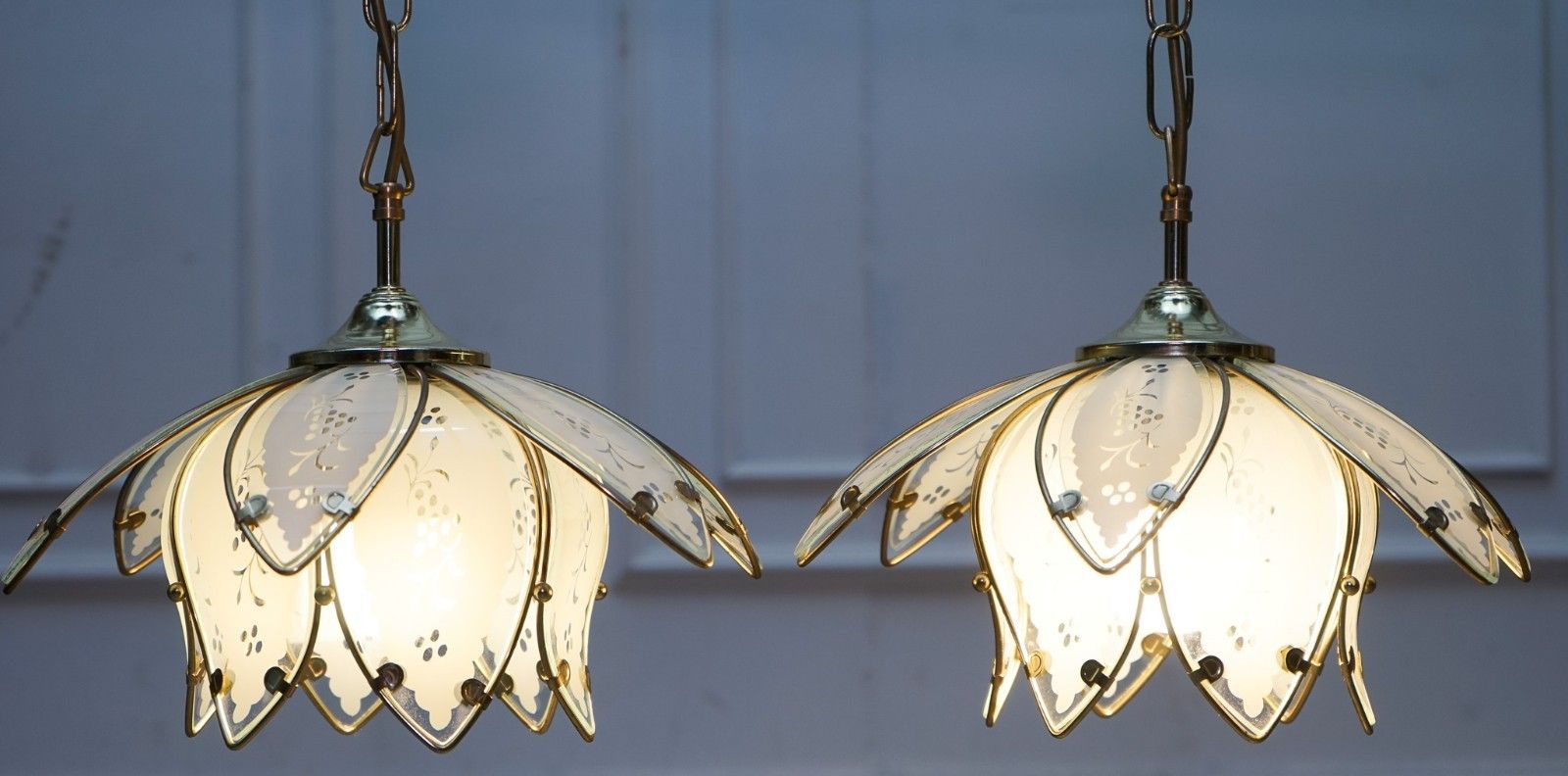 photo buy Pair Of Art Deco Style 1960's Flower Lotus Glass Ceiling Lamps