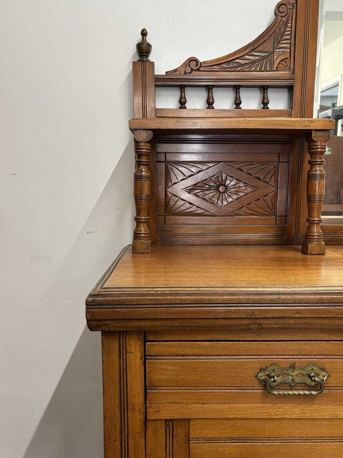 Antique Carved Sideboard With Mirror, Ornate Detailing & Curtain Panelled Doors, Antique Mirrored Back Sideboard, Country House Interiors photo for sale