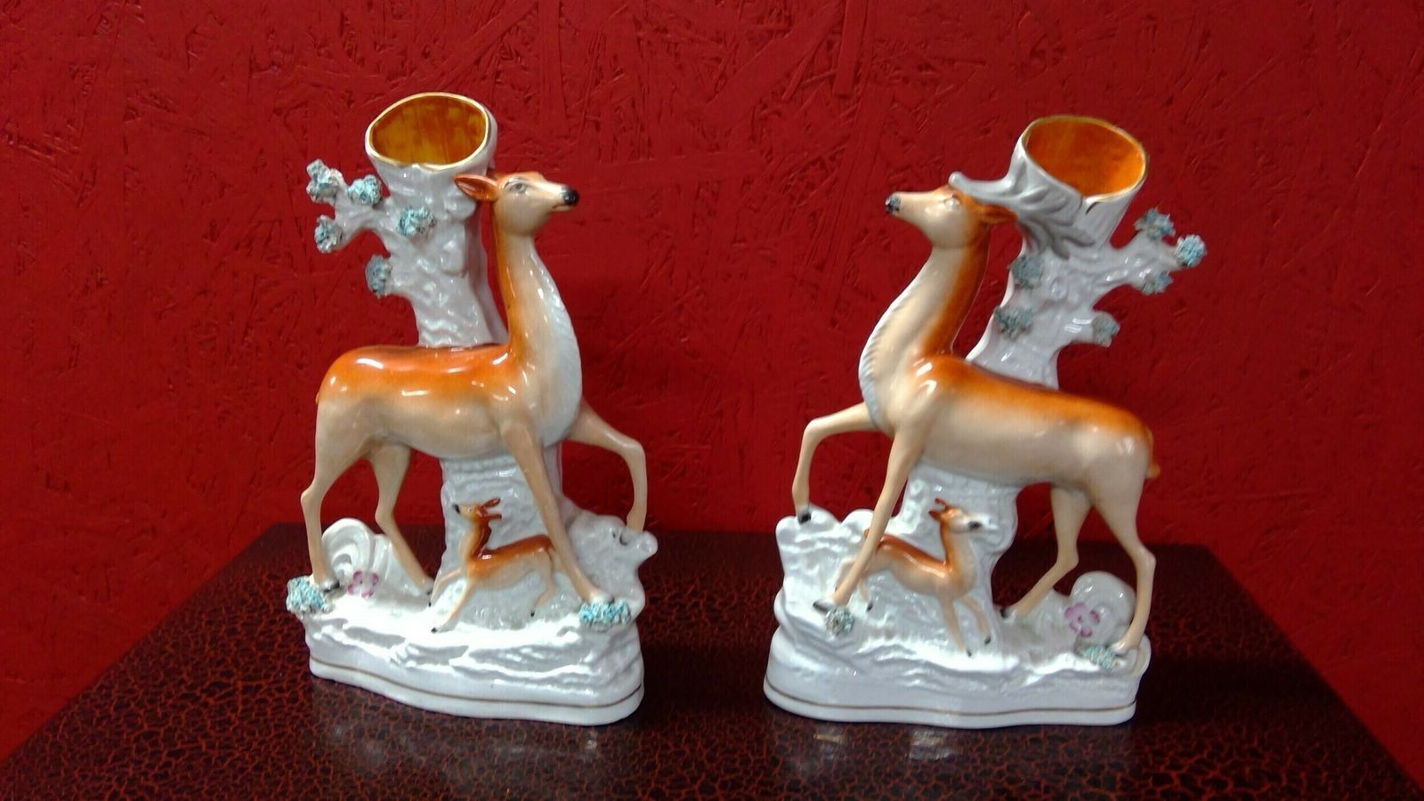 A Fine Matched Pair Of Staffordshire Flat Backed Pottery Figures Of Deers With Young