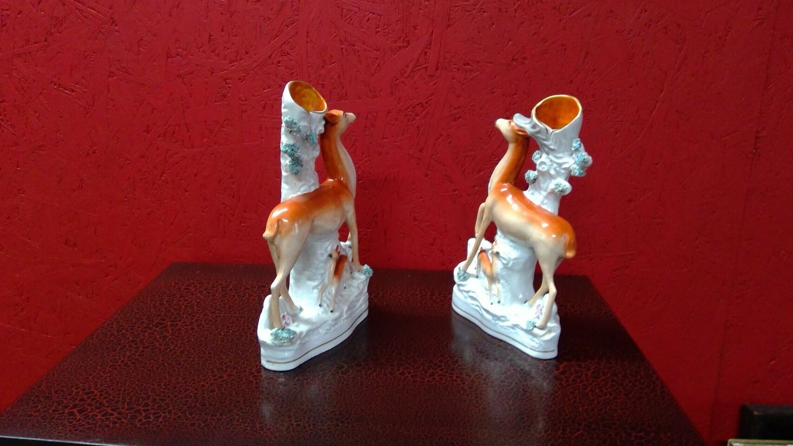 A Fine Matched Pair Of Staffordshire Flat Backed Pottery Figures Of Deers With Young photo for sale