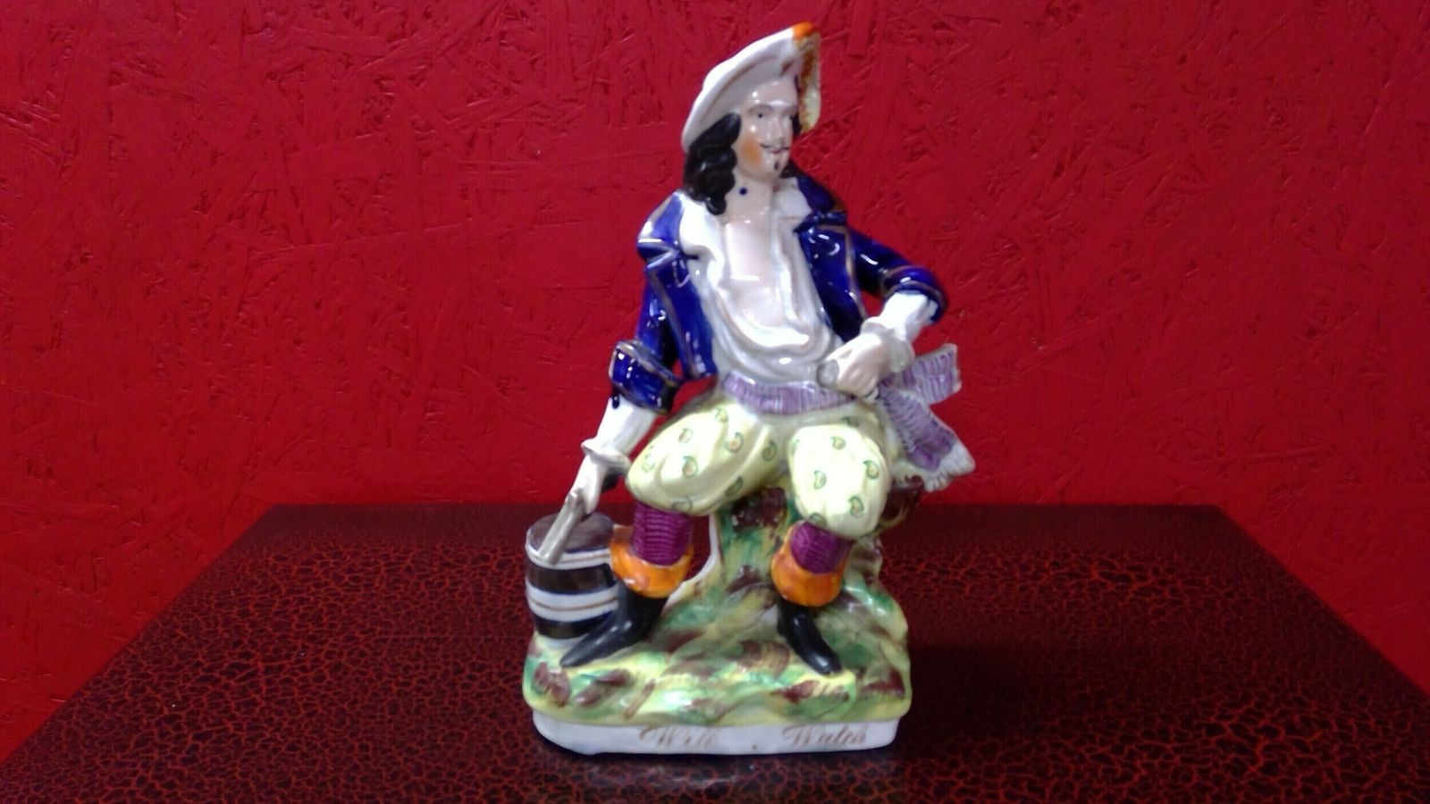 Staffordshire Antique Pottery Flat Backed Figure Of Will Watch In Colourfull Garbe