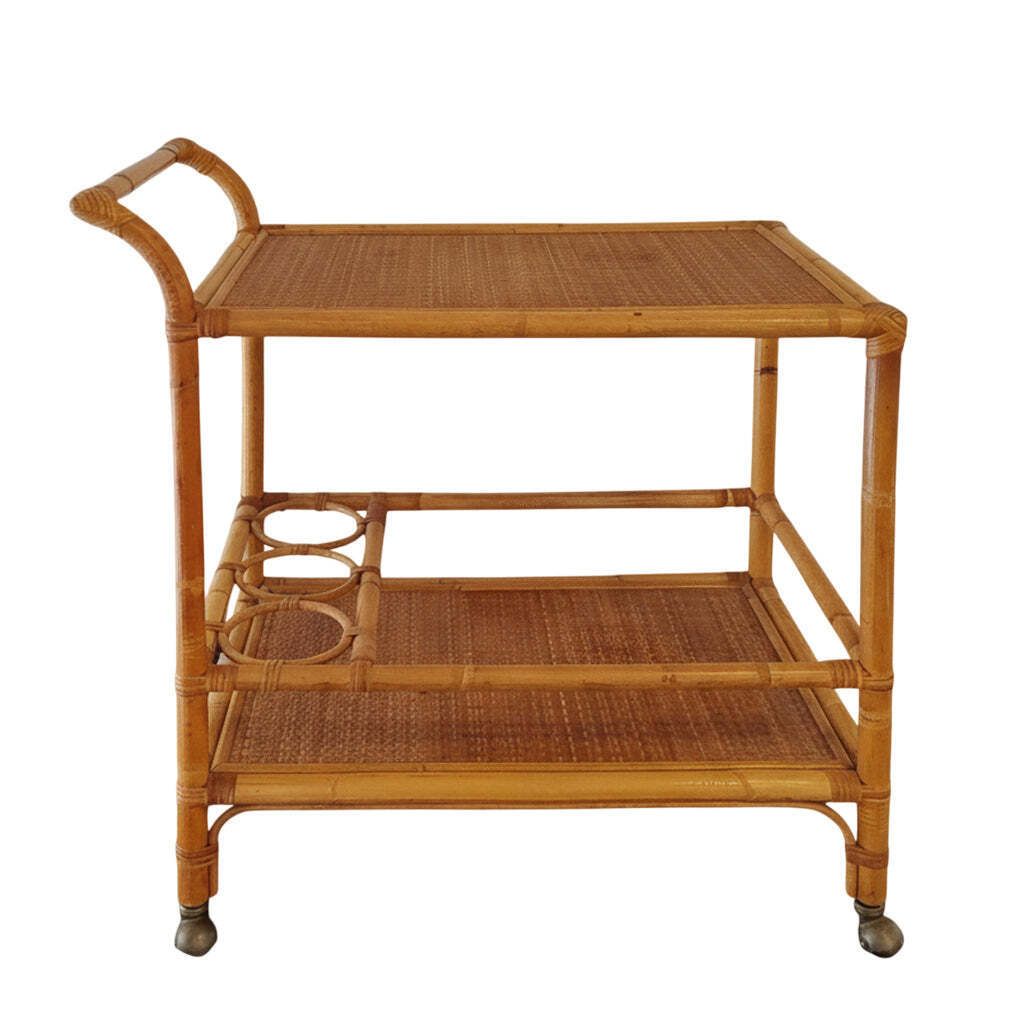 1960s Luxury Handcrafted And Elegant Bar Cart In Bamboo E Rattan. Made In Italy