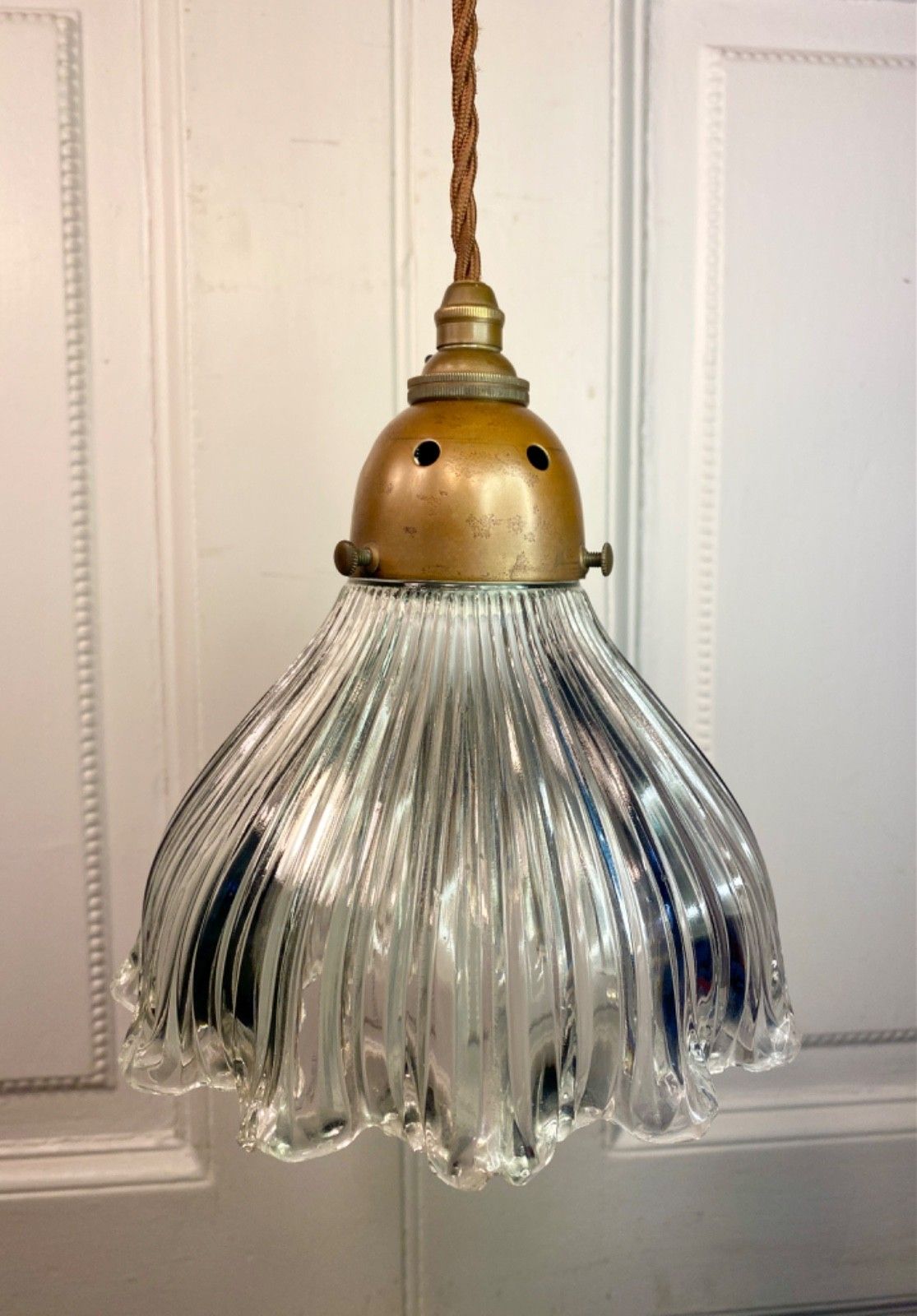 Vintage Holophane Prismatic Glass Pendant Ceiling Light. photo vinterior