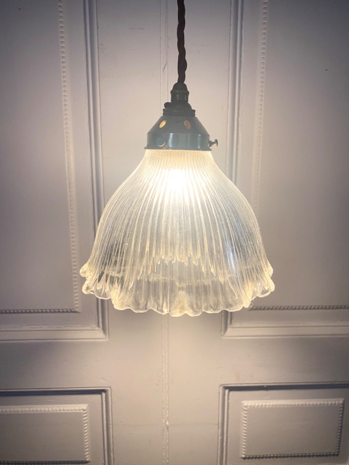 Vintage Holophane Prismatic Glass Pendant Ceiling Light. photo Lighting