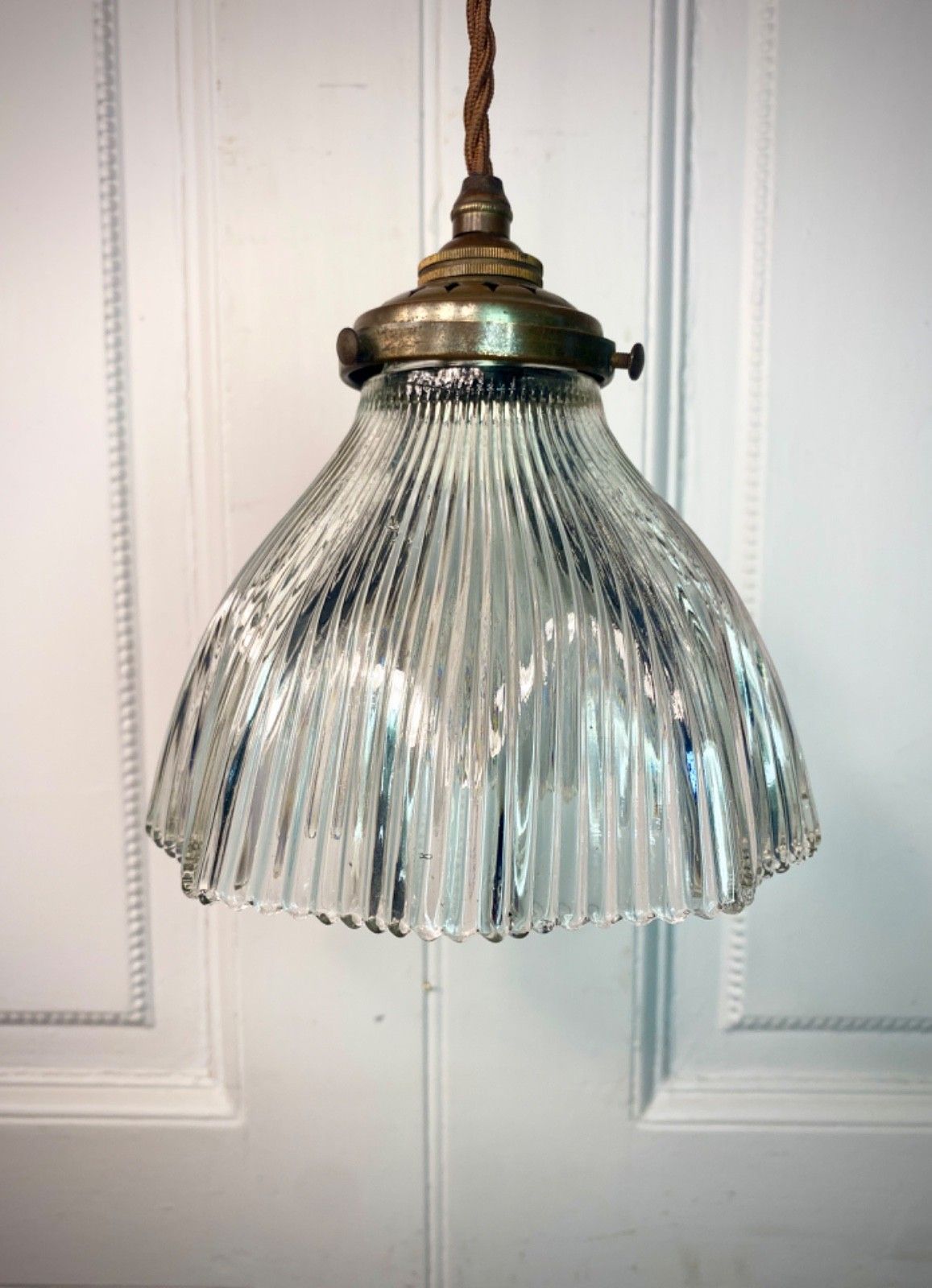 Vintage Holophane Prismatic Glass Pendant Ceiling Light. photo vinterior