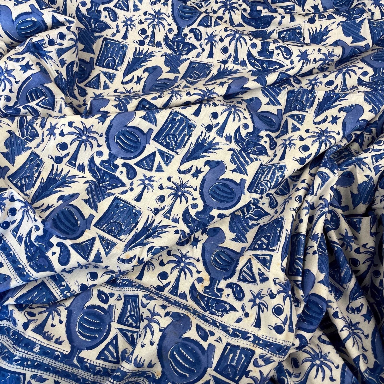 Hand Printed Indian Fabric 296x147cm Dodo Bird Pattern Block Blue White Tapestry Cotton Handmade Craft Dress Making Traditional Cloth India photo buy