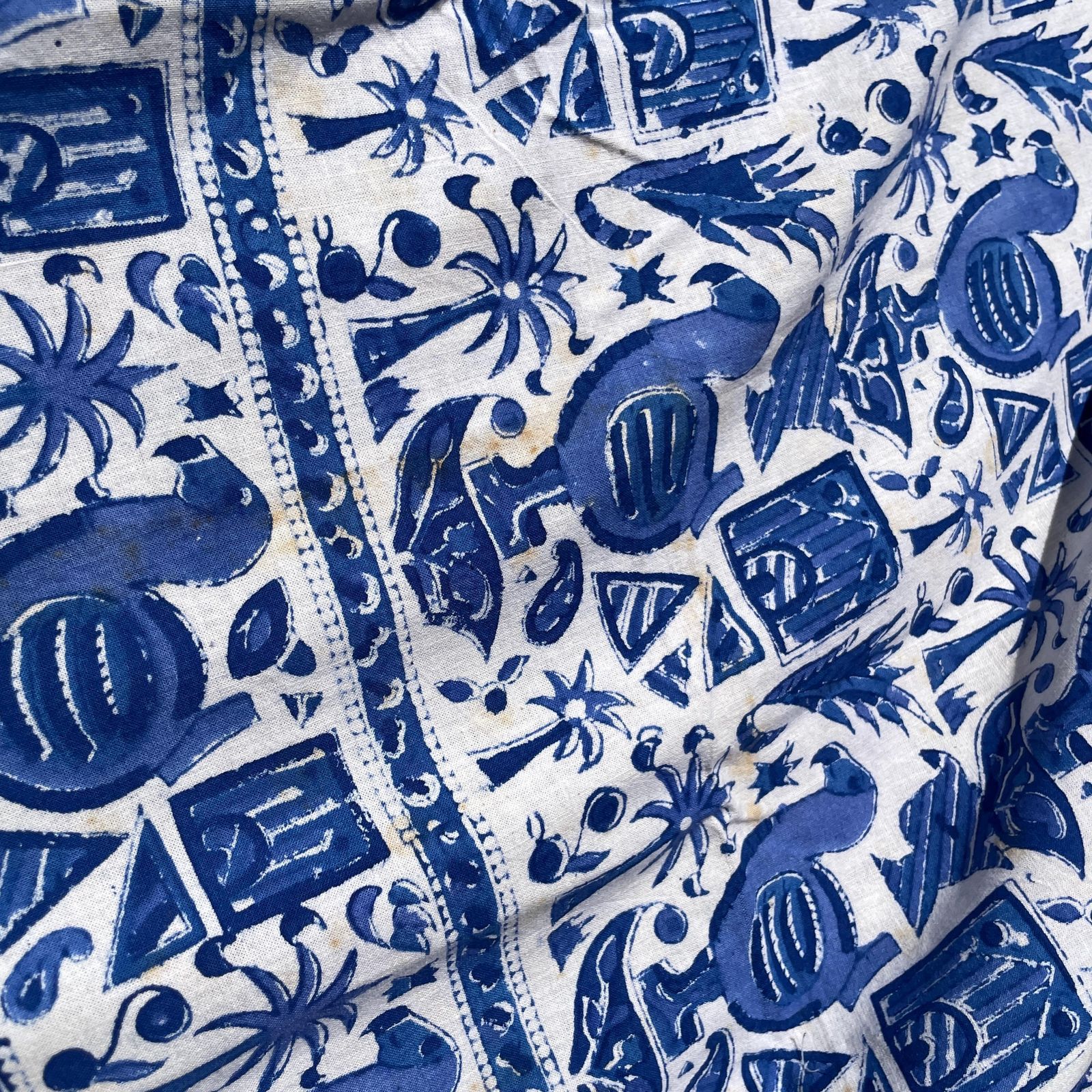 photo vintage Hand Printed Indian Fabric 296x147cm Dodo Bird Pattern Block Blue White Tapestry Cotton Handmade Craft Dress Making Traditional Cloth India