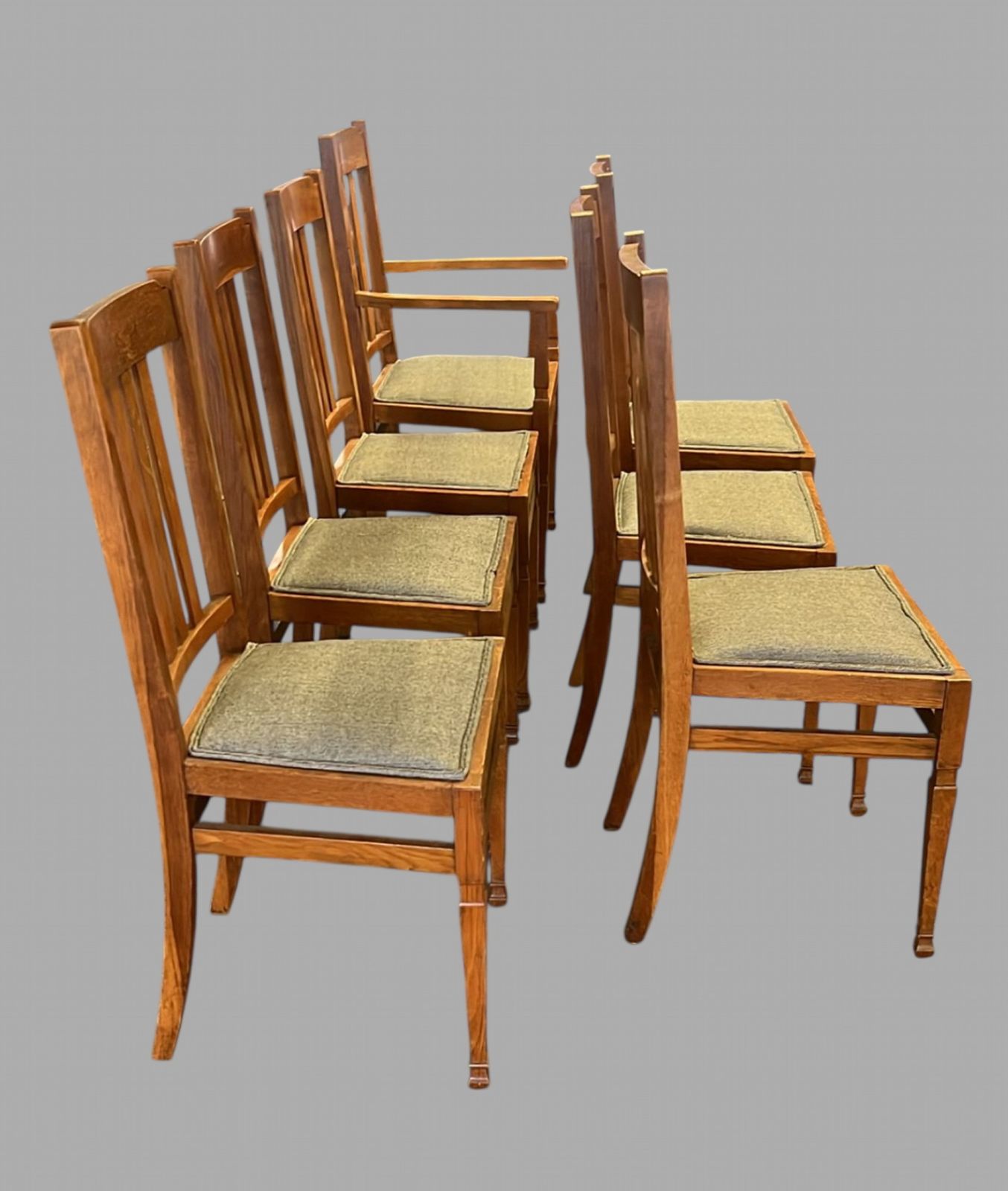 Set Of 7 Oak Dining Chairs With Upholstered Seats – Arts & Crafts Revival Style photo furniture