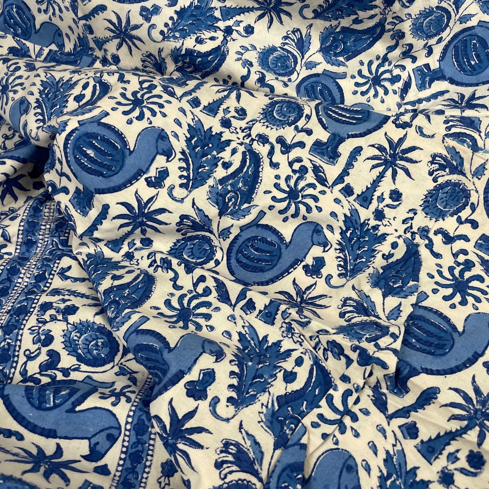 Hand Printed Indian Fabric 262x220cm Dodo Bird Pattern Block Blue White Tapestry Cotton Handmade Craft Dress Making Traditional Cloth India photo for sale