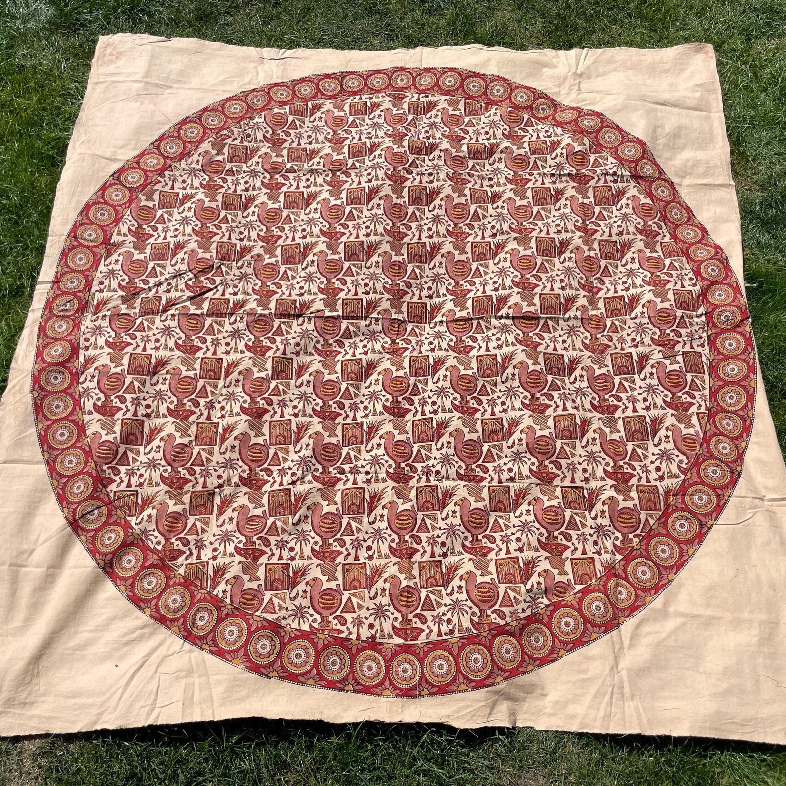 photo for sale Hand Printed Indian Fabric 168x165cm Dodo Bird Pattern Block Pink Red Tapestry Cotton Handmade Craft Round Making Traditional Cloth India