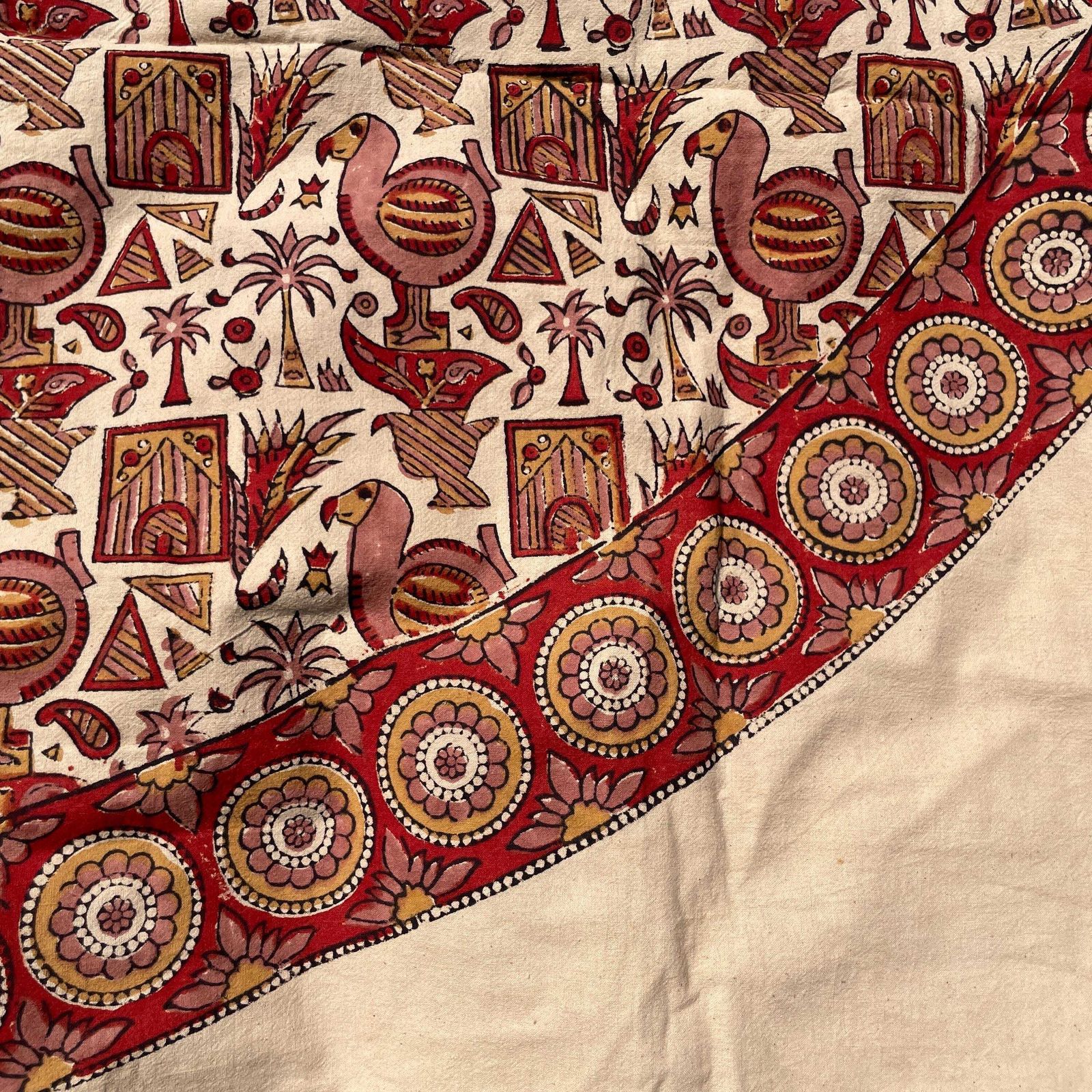 50.0 Hand Printed Indian Fabric 168x165cm Dodo Bird Pattern Block Pink Red Tapestry Cotton Handmade Craft Round Making Traditional Cloth India photo