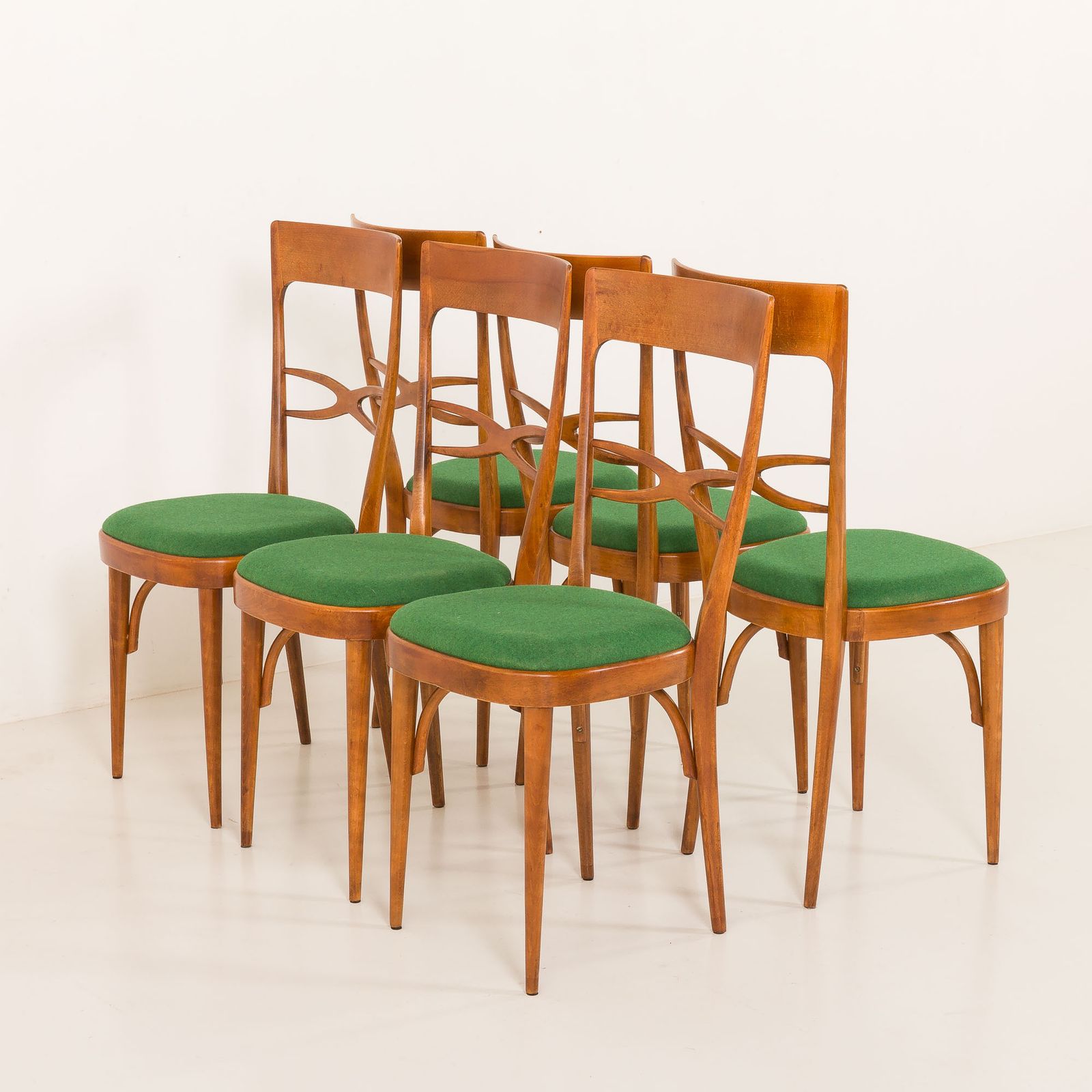 Italian Mid Century Chairs In Walnut And Wool In The Style Of Carlo Di Carli, 1950s photo buy