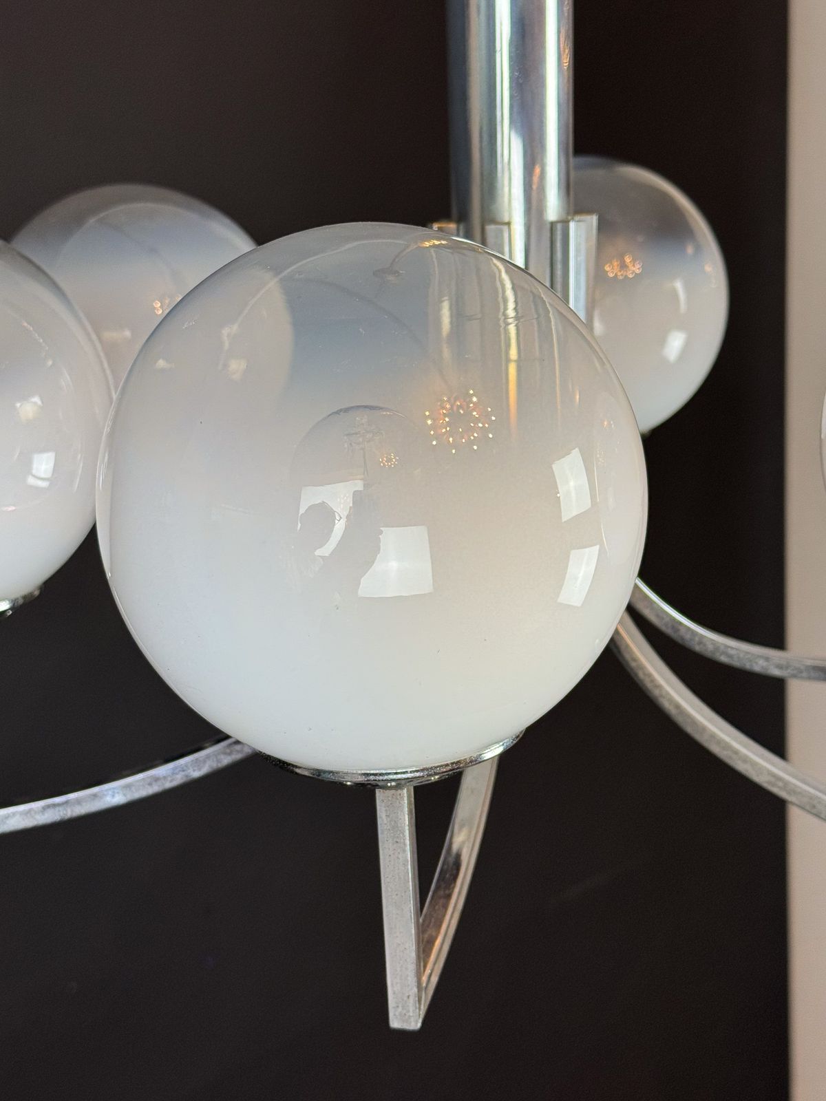 Six Arms Chandelier In Murano Glass Spheres And Chrome. Italy 1960s photo Lighting