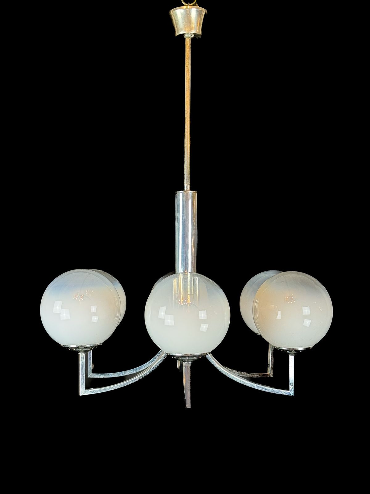 Six Arms Chandelier In Murano Glass Spheres And Chrome. Italy 1960s photo vinterior