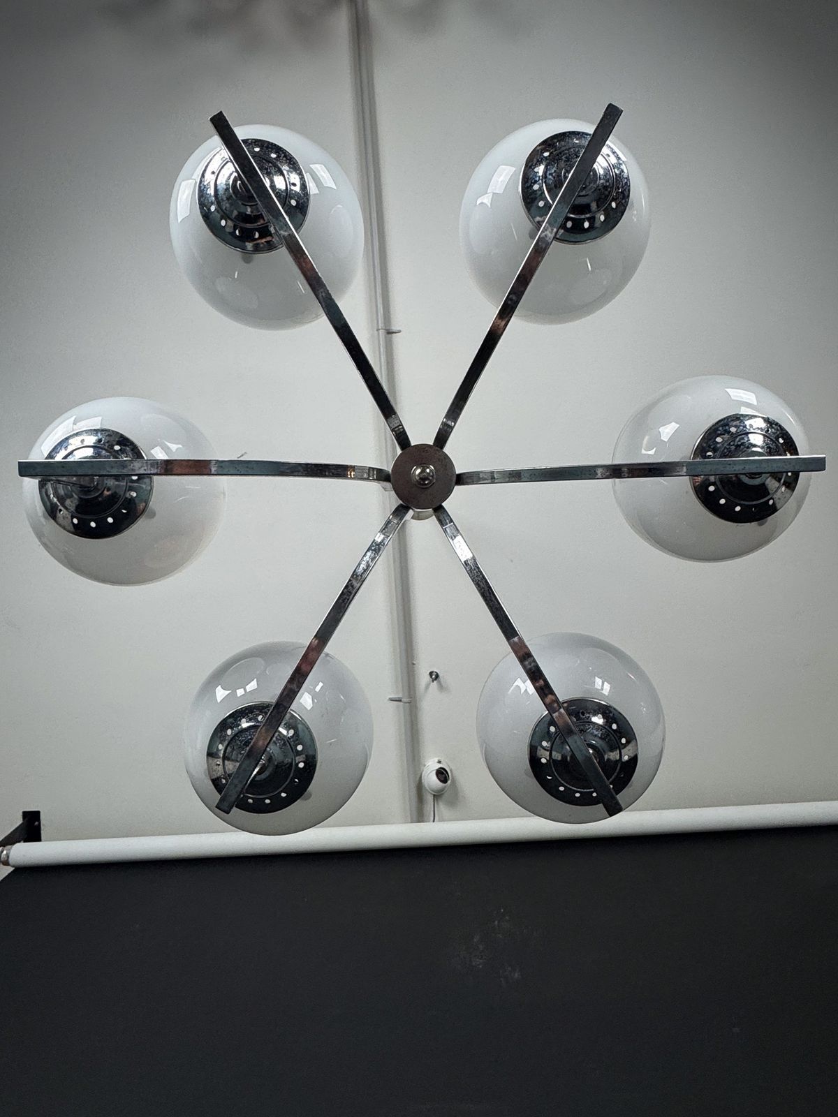 Six Arms Chandelier In Murano Glass Spheres And Chrome. Italy 1960s photo vintage