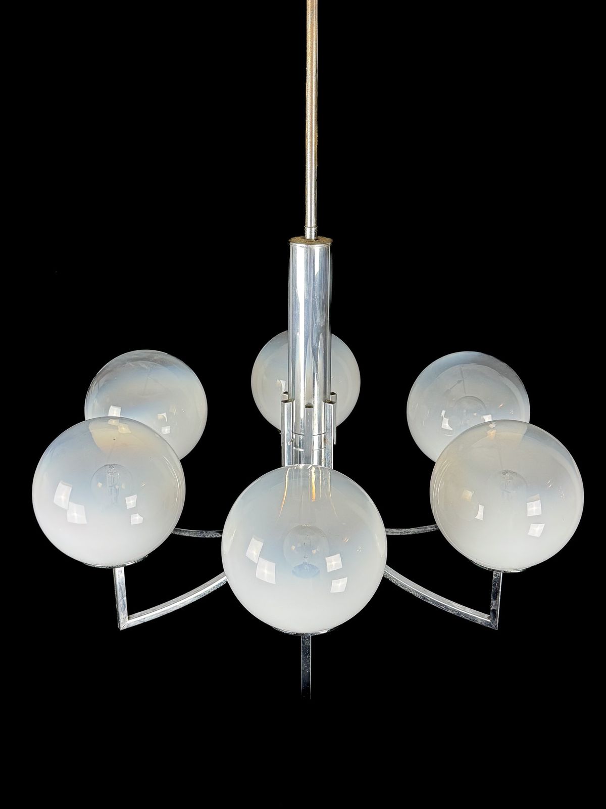 photo furniture Six Arms Chandelier In Murano Glass Spheres And Chrome. Italy 1960s