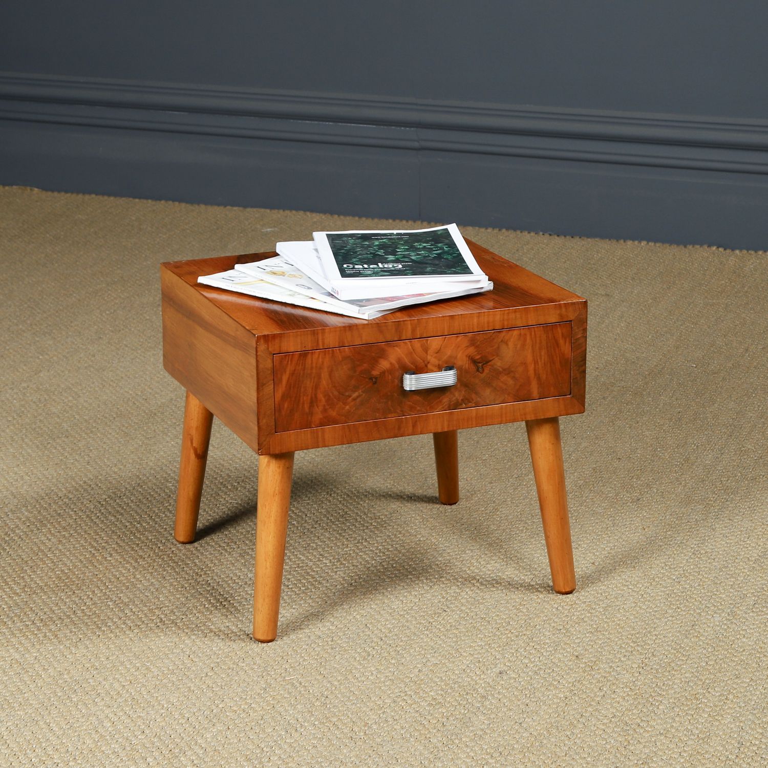 Small English Art Deco Figured Walnut Bedside / Side / Lamp Table With Drawer (Circa 1930) photo for sale